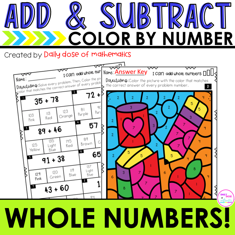 3 digit addition and subtraction problems color by number worksheets