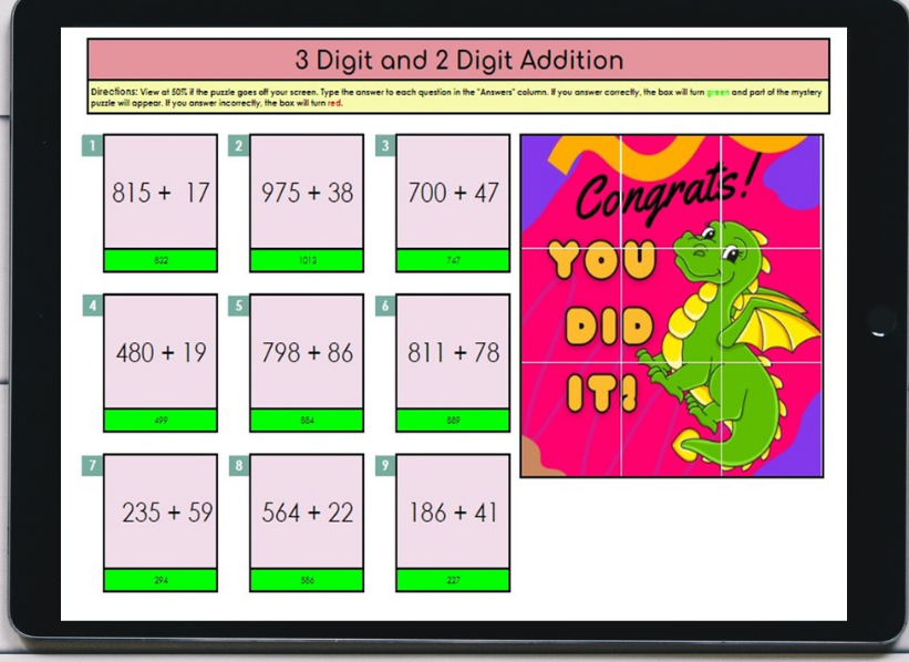 3 Digit addition digital resource practice problems for elementary students, gamified addition practice of 3 digit addition