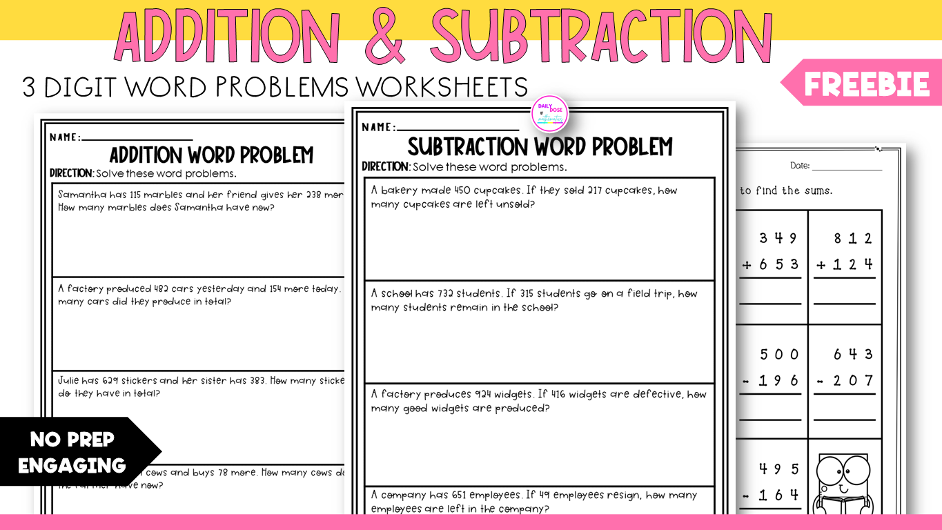 3 Digit Addition problems worksheets