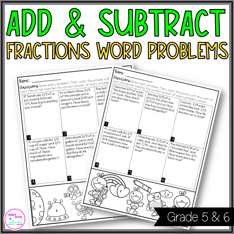 Adding and Subtractinf Fractions Color by number coloring worksheets with word problems