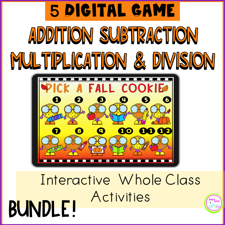 Enagging Fall addition subtraction multiplication division math powerpoint game activities for 3rd 4th and 5th grade kids