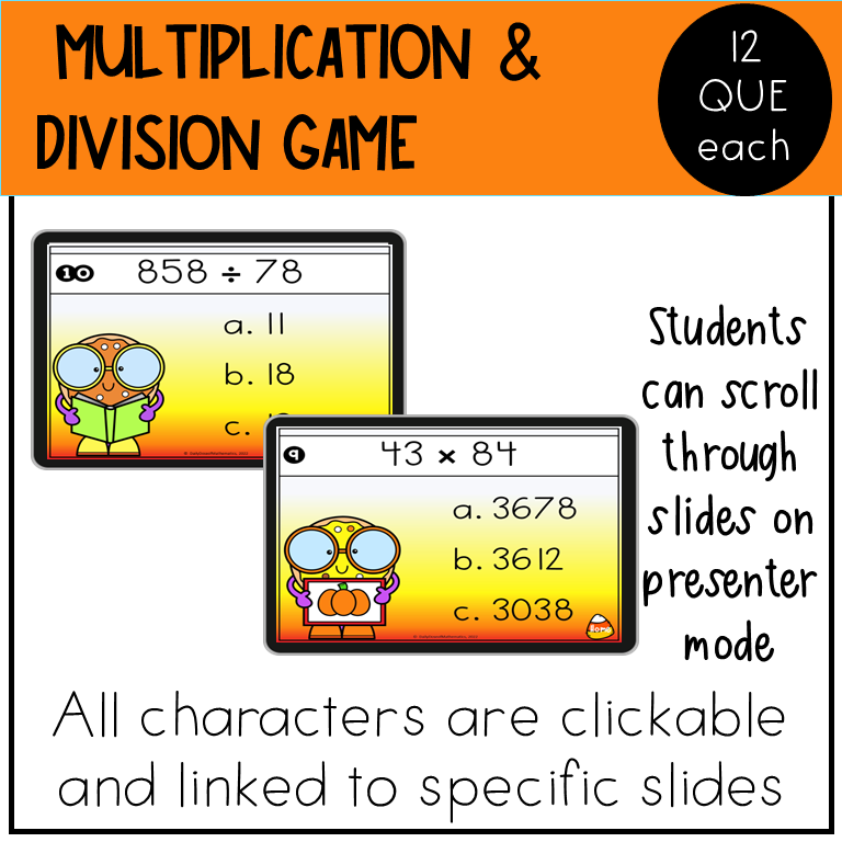 Enagging Fall addition subtraction multiplication division math powerpoint game activities for 3rd 4th and 5th grade kids