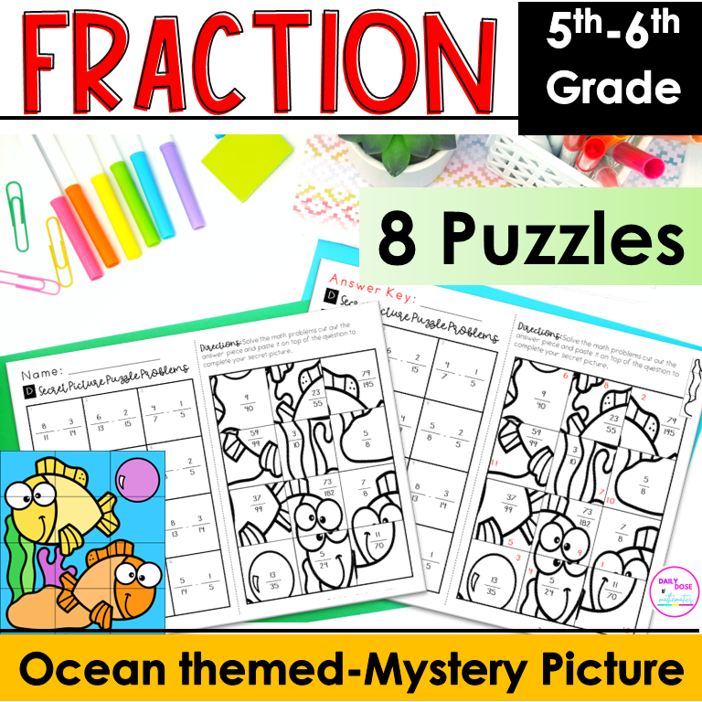 5th grade unlike fractions adding and subtracting hands-on picture puzzles practice