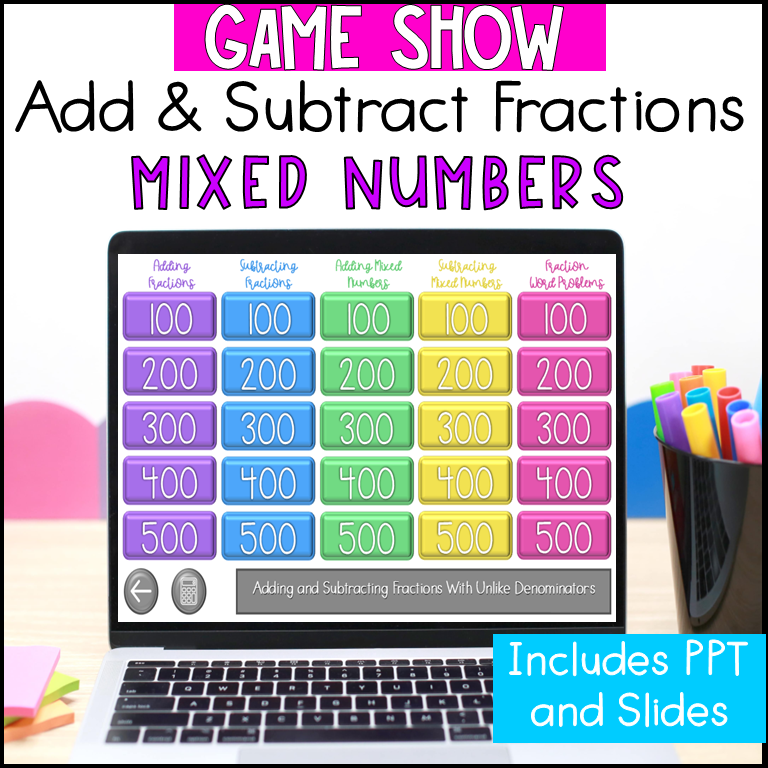 Fraction Operations Adding and Subtracting Fractions and Mixed Numbers Game Show Digital PowerPoint Activity