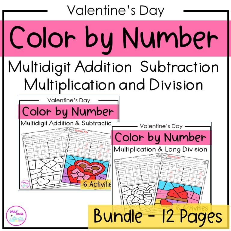Valentines Day Multidigit Addition Subtraction Multiplication Division Coloring by number