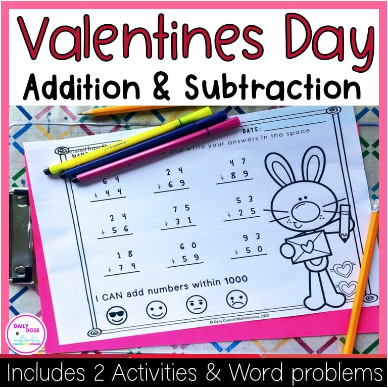 Valentines Day Multi Digit Addition and Subtraction Worksheet with Word Problems