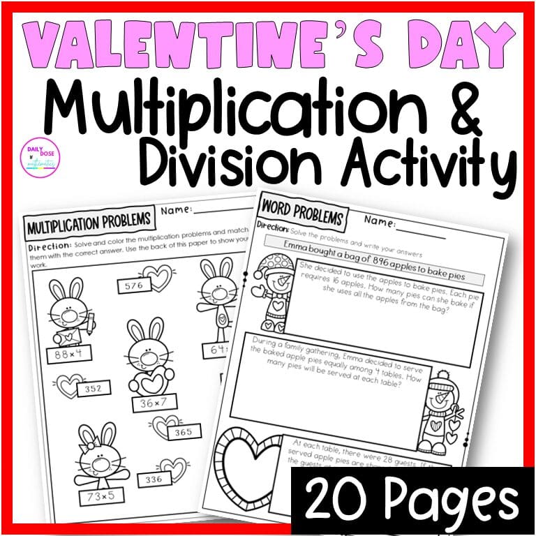Valentines Day MultiDigit Multiplication & Long Division Worksheets Word Problem