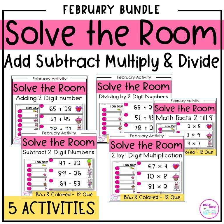 Valentines Day Math Add Subtract Multiply Divide Solve the Room Activity Bundle
