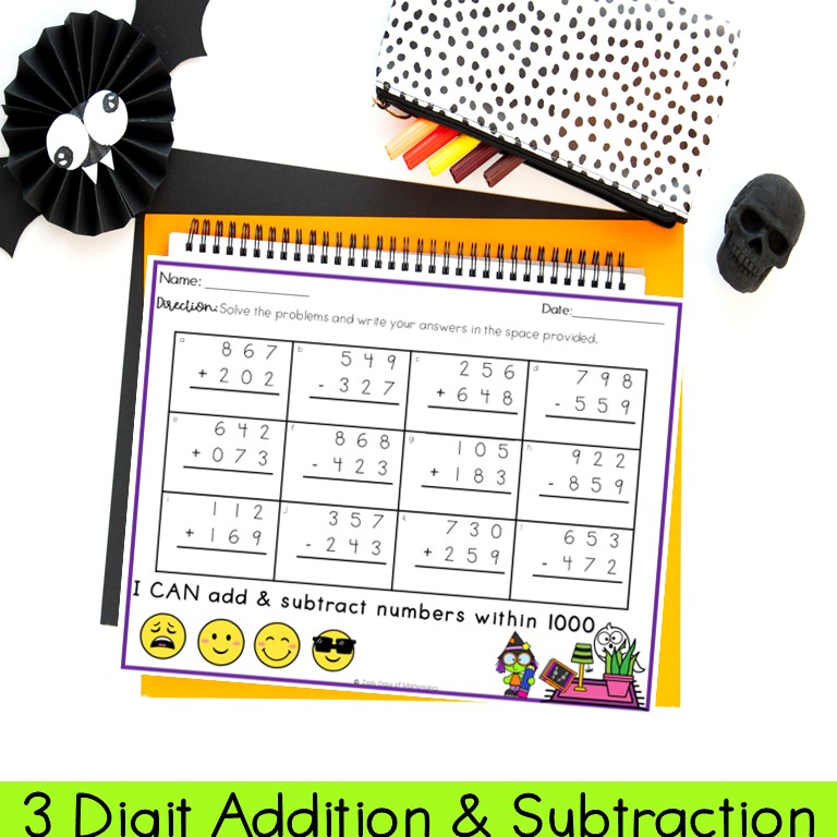 Halloween 3 digit Addition and subtraction worksheets practice review