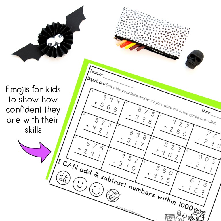 Halloween 3 digit Addition and subtraction worksheets practice review