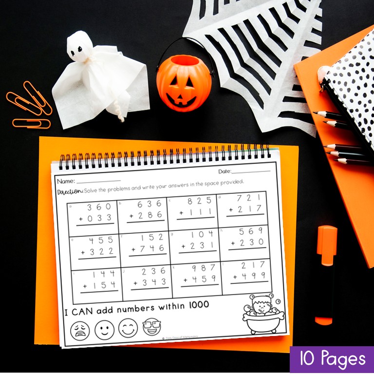 Halloween 3 digit Addition and subtraction worksheets practice review sheets