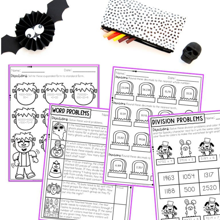 Halloween 5th grade packet factors multipleas fraction addition and subtraction along with word problems