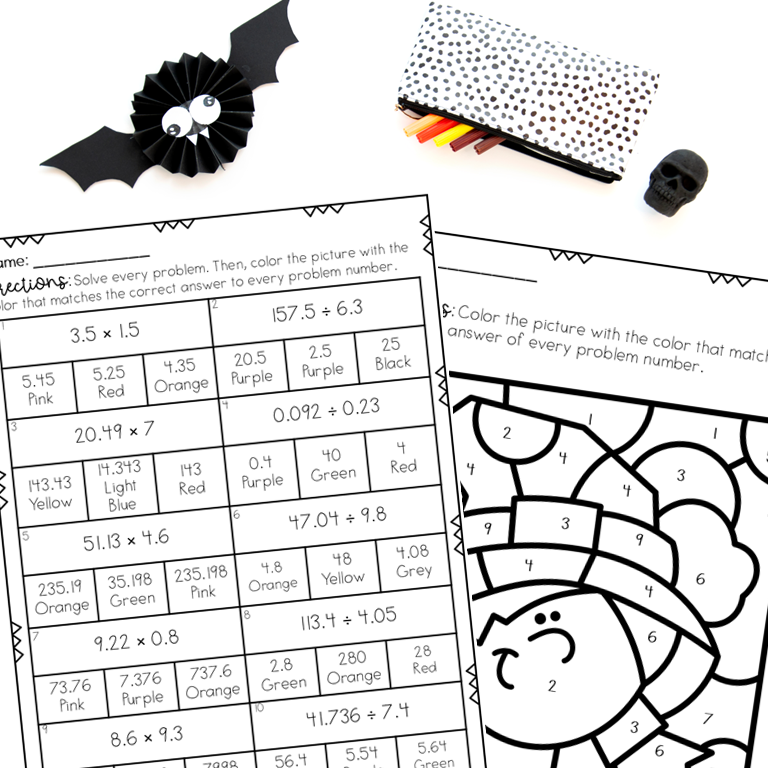 Halloween Decimals Operations Coloring Activity 5th 6th grade