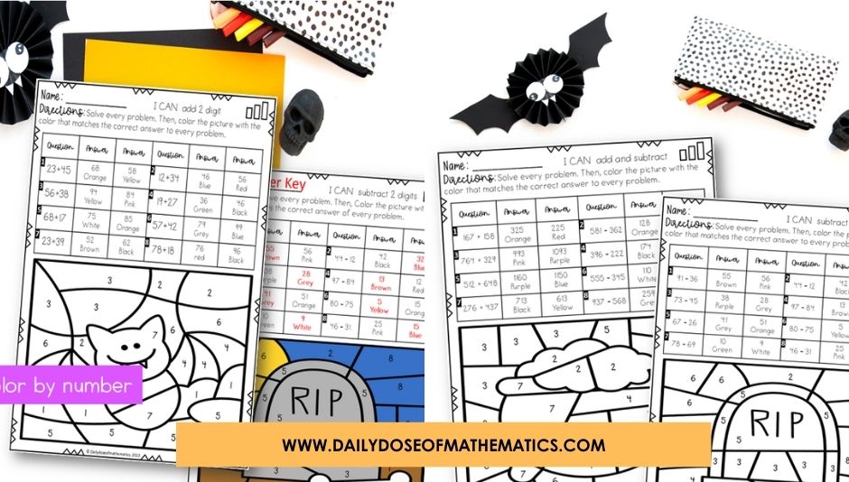 Halloween Math Addition Subtraction Multiplication and Division Coloring Activity grade 3rd and 4th
