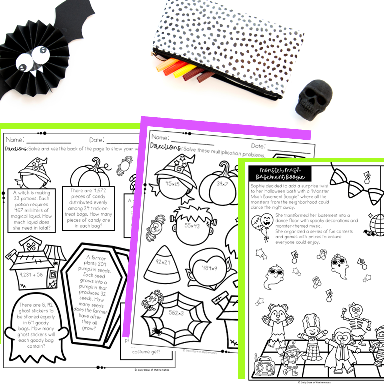 Halloween 5th grade packet factors multipleas fraction addition and subtraction along with word problems