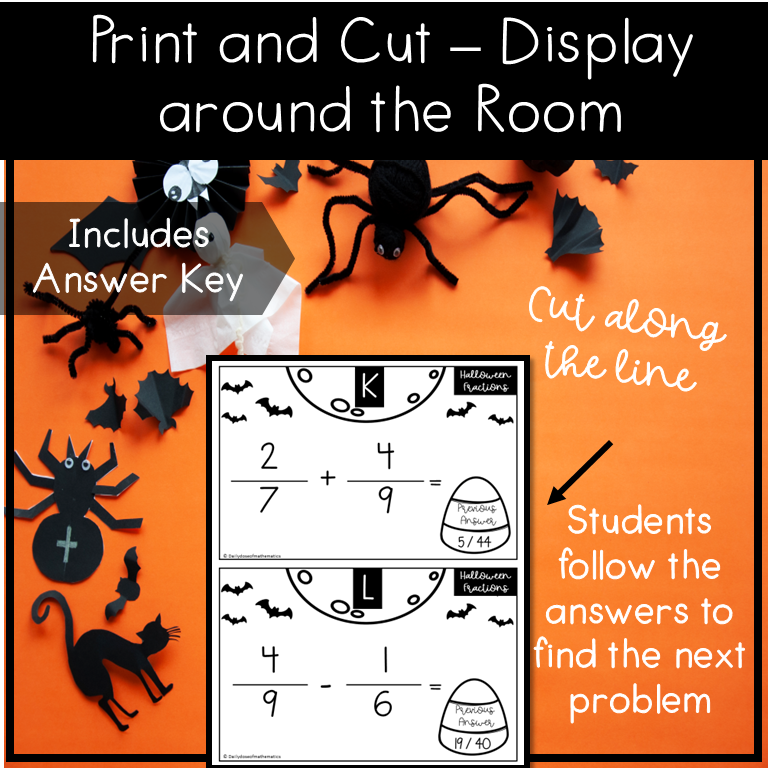 Adding and Subtracting Halloween Fraction Scavenger Hunt Math Activity for 5th 6th grade