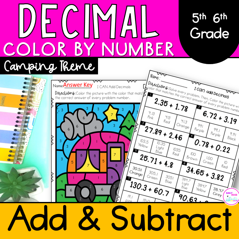 Adding and Subtracting Decimals 5 th grade math color by numbers fun and engaging activity coloring worksheets 