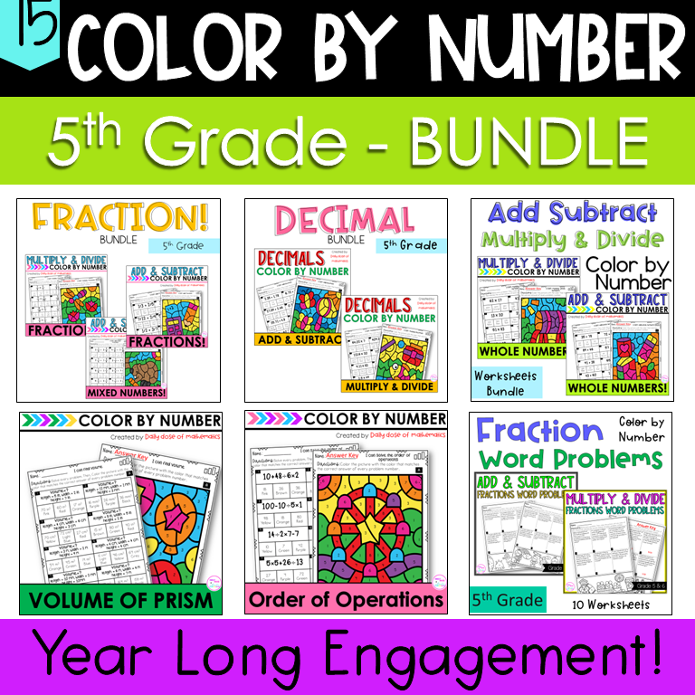 5th grade math fractions and decimals color by number coloring worksheets