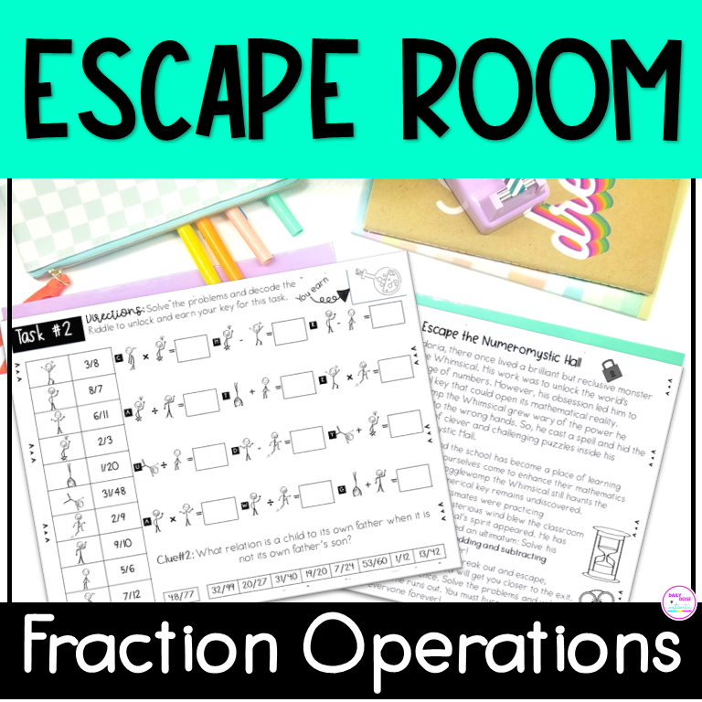 6th 6th grade math fraction operation escape room printable activity