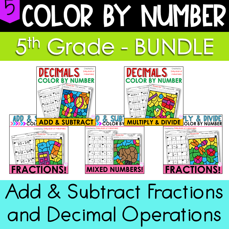 Addition and Subtraction fractions and decimals operations color by number bundle