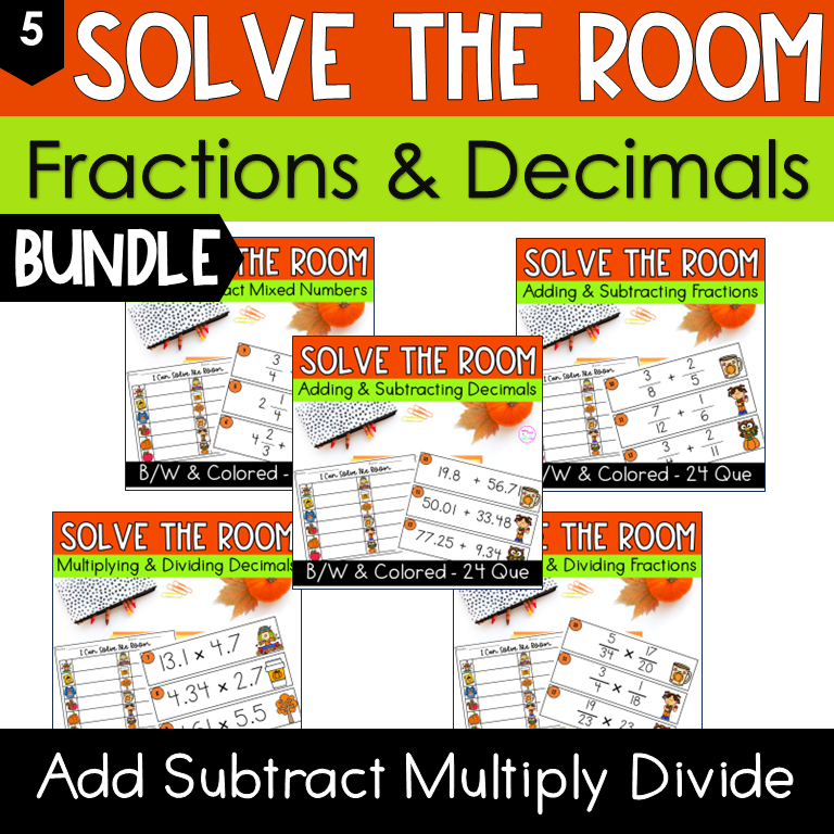 Fall fraction and decimal operation activity 5th grade and upper elementary grades