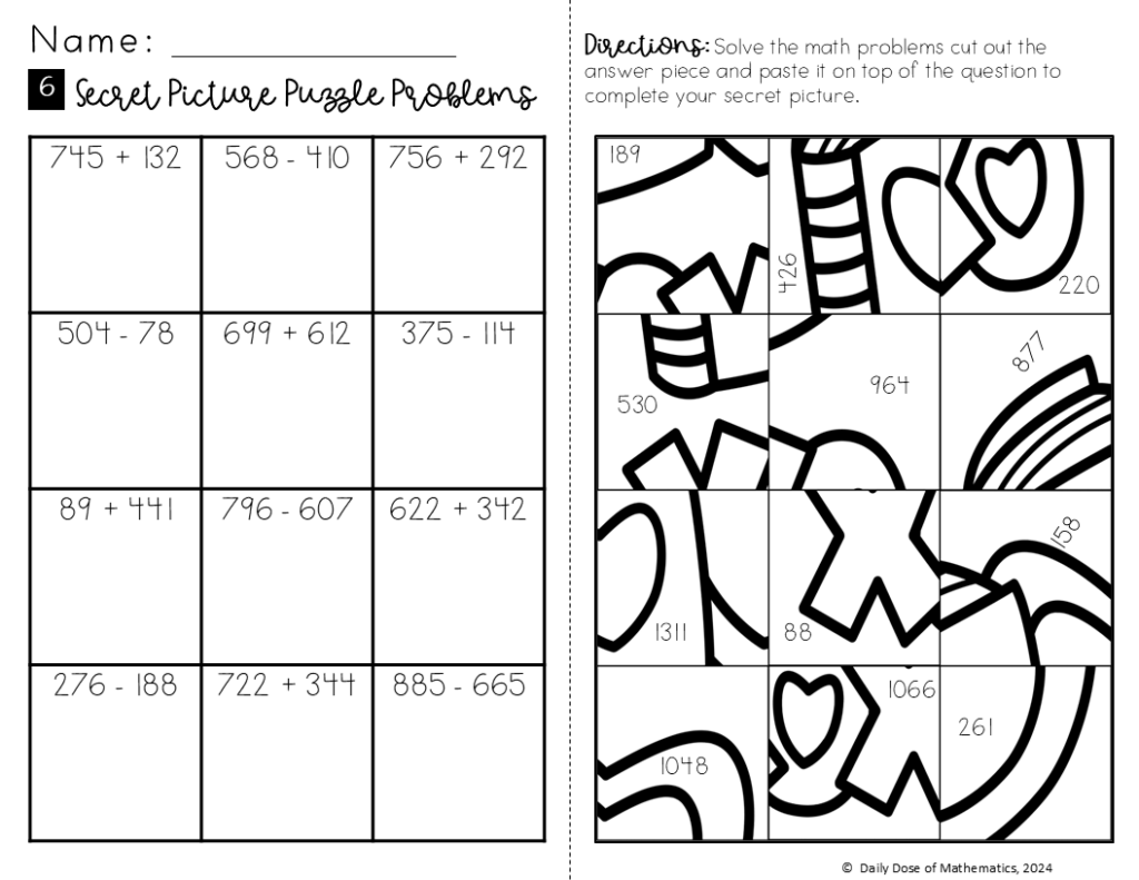 Valentines Day 3rd 4th multi digit grade addition and subtraction with regrouping picture puzzle activity worksheets