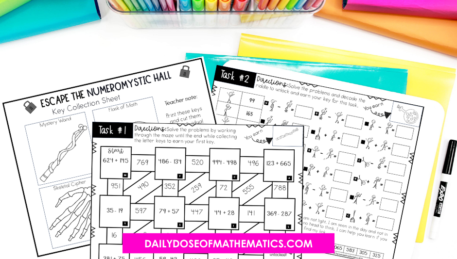 The only 2 and 3 digit Addition and Subtraction Practice Activity Needed in your elementary math class | Multidigit Addition and Subtraction Escape Room printable worksheets activity for 3rd 4th grade