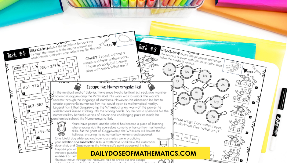 The only 2 and 3 digit Addition and Subtraction Practice Activity Needed in your elementary math class | Multidigit Addition and Subtraction Escape Room printable worksheets activity for 3rd 4th and 5th grade