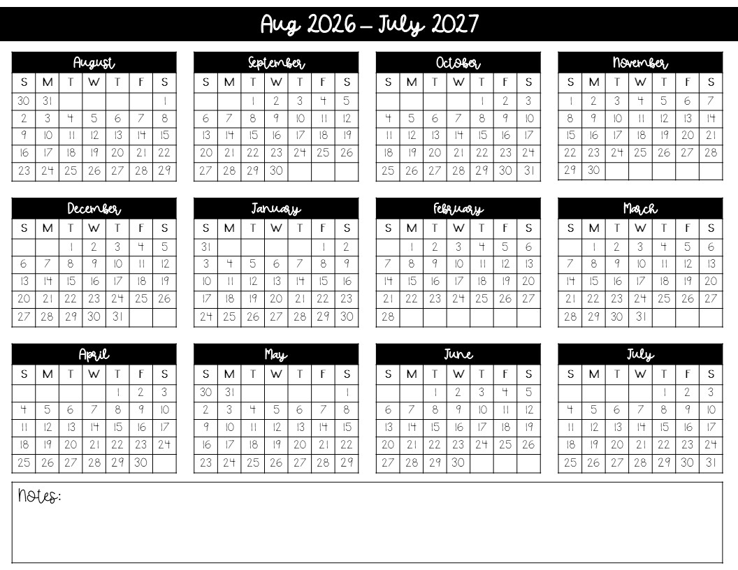 best year long calendar view of teacher planning for 2026 2027