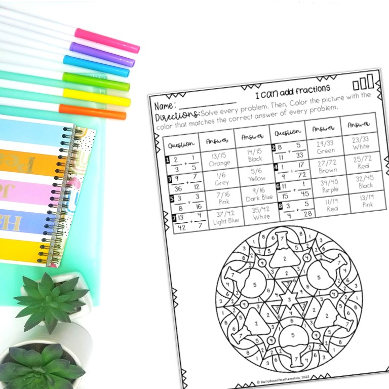 Fraction with unlike denominators coloring Freebie