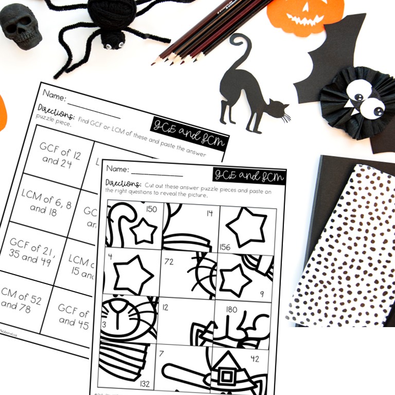 Halloween GCF and LCM Puzzle Activity 5th 6th Grade