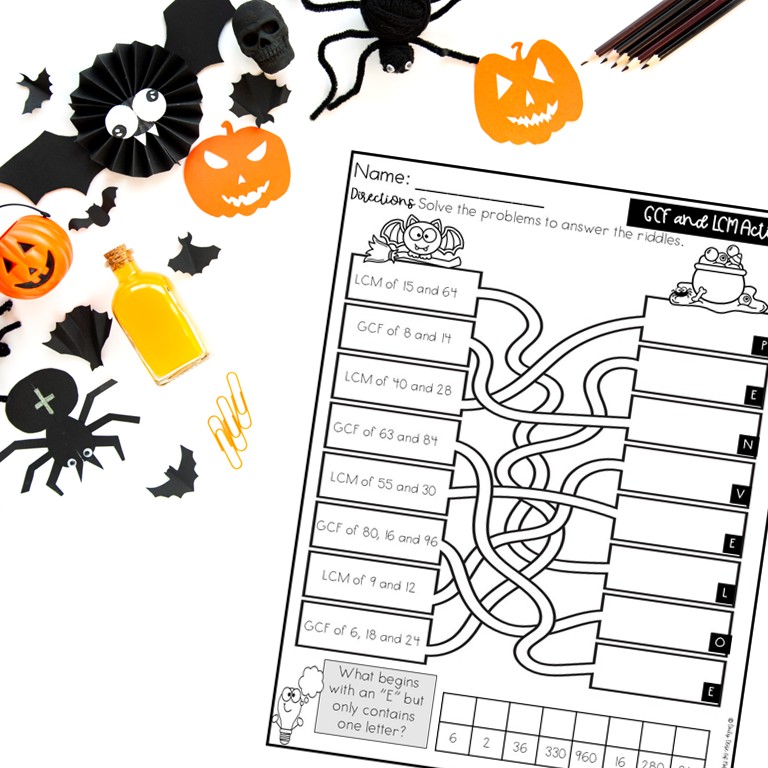 Halloween GCF and LCM Riddle Worksheet and Activity 5th 6th Grade