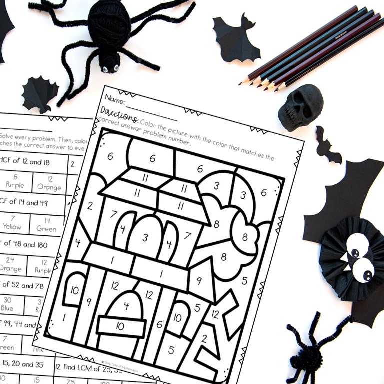 Halloween GCF and LCM Coloring Worksheet and Word problem Activity 5th 6th Grade