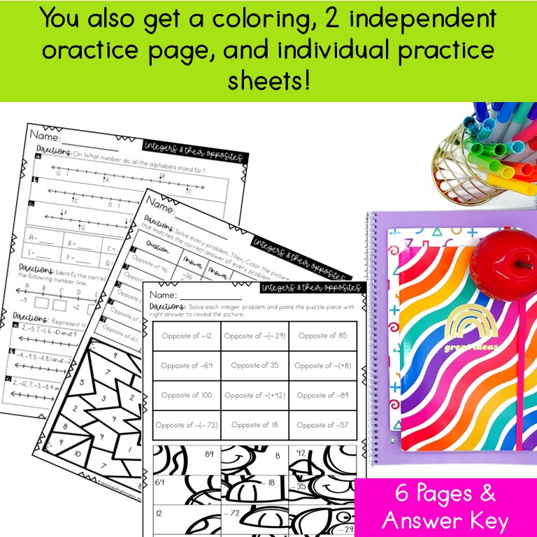 Integers and Their Opposites activities and pdf worksheets with number line practice