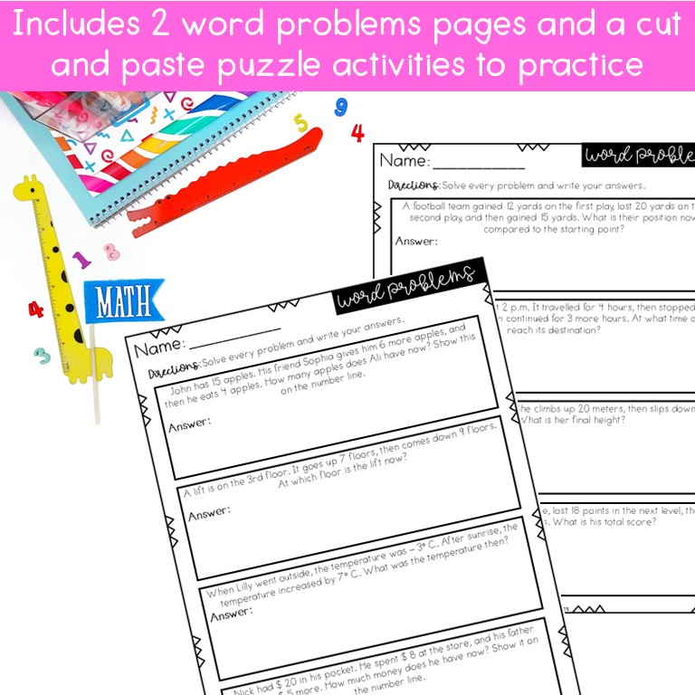 Integers and Their Opposites activities and pdf worksheets with number line practice