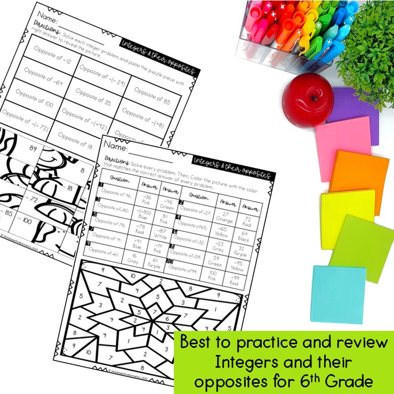 Integers and Their Opposites activities and pdf worksheets with number line practice