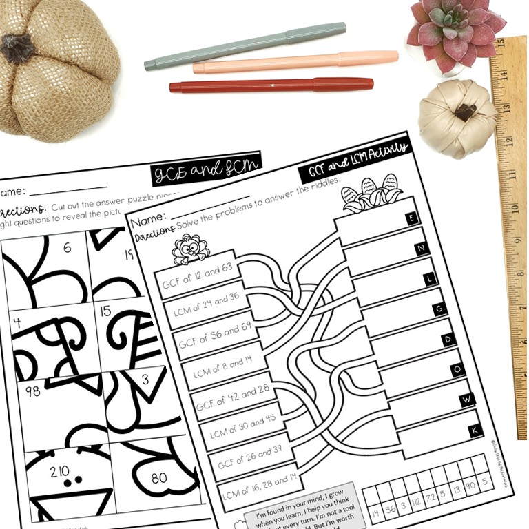 Thanksgiving GCF and LCM Worksheets and Activities Grade 6 PDF with Answers