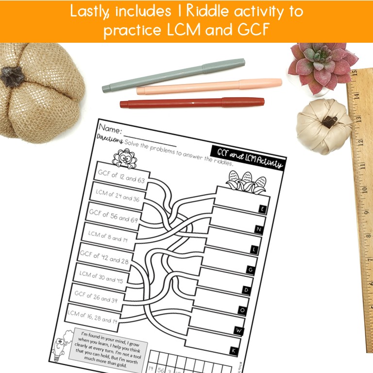 Thanksgiving GCF and LCM Worksheets and Activities Grade 6 PDF with Answers