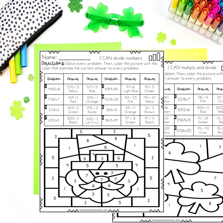Adding Subtracting Multiplying and Dividing Whole Numbers Coloring Color by Number Activity with Multi-digit Practice