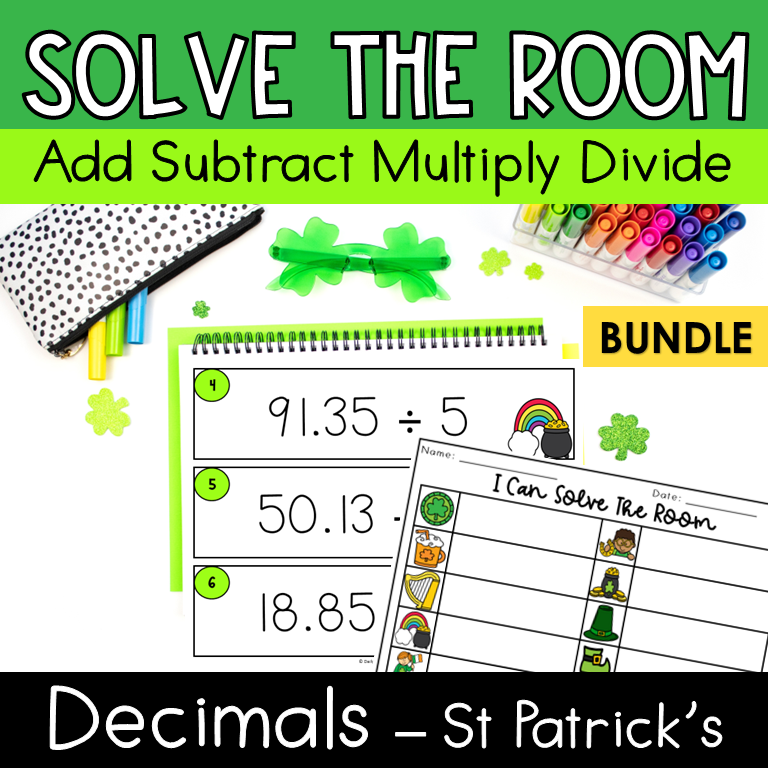 5th Grade Adding Subtracting Multiplying and Dividing Decimals Math Practice Scavenger Hunt and Solve the Room Activity