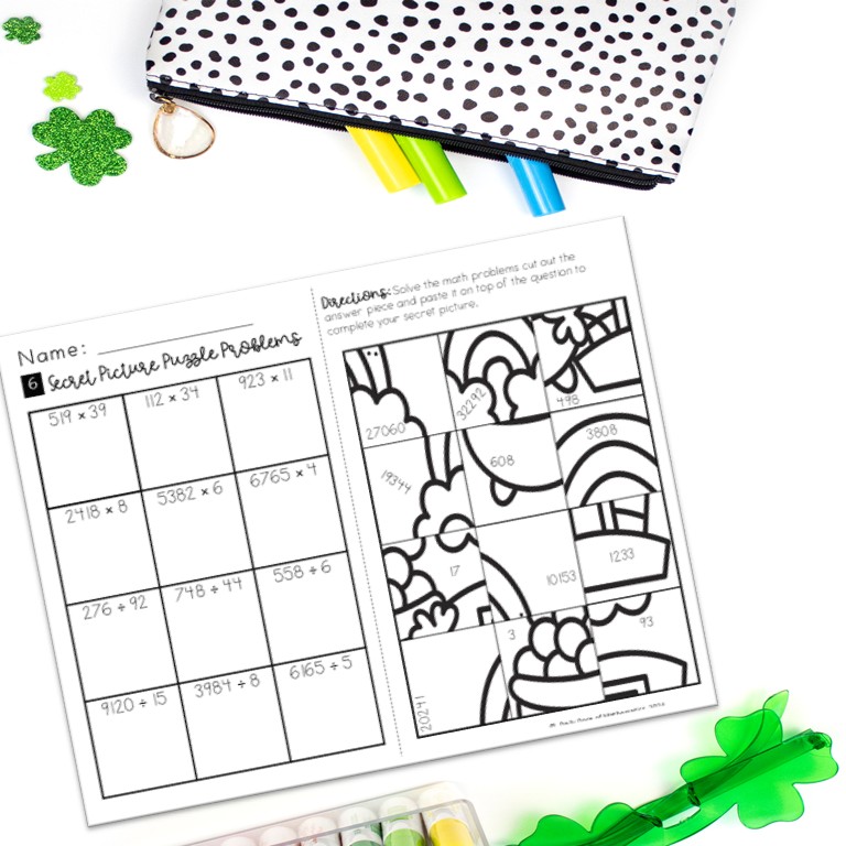 St Patrick's Day Math Picture Puzzles Activity for 4th 5th Grade kids Multiplication and division practice