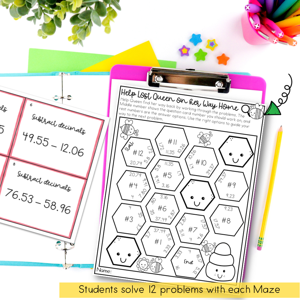 Decimal addition and subtraction maze self checking activity 5th grade