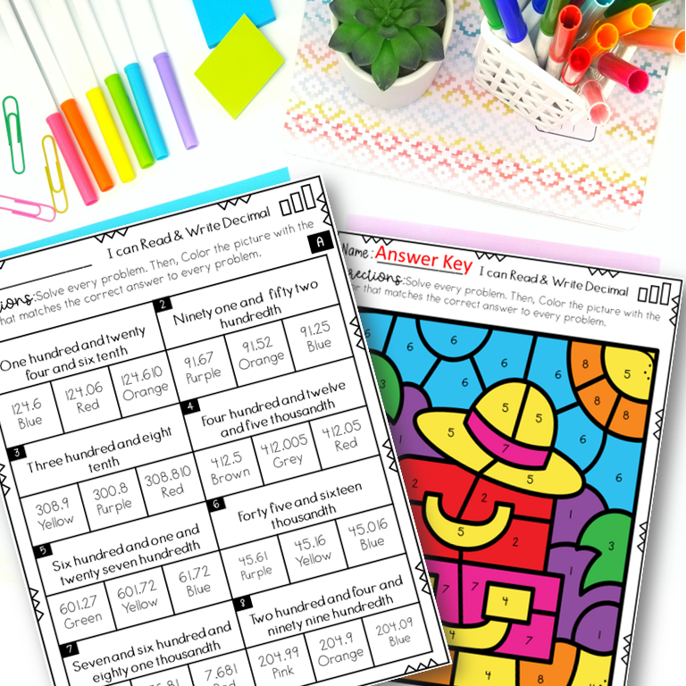 Decimal place value color by number activity 5th grade